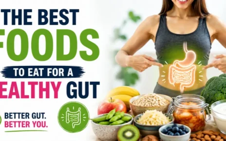 Healthy foods including yogurt, oats, berries, broccoli, almonds and fermented vegetables for better gut health