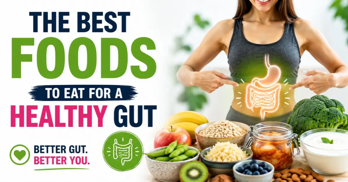 Healthy foods including yogurt, oats, berries, broccoli, almonds and fermented vegetables for better gut health
