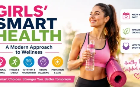 Healthy young woman with a yoga mat and water bottle promoting girls' smart health, fitness, nutrition, mental wellbeing, and preventive wellness