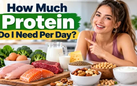 Woman pointing toward protein-rich foods including eggs, chicken, salmon, lentils, nuts, and yogurt