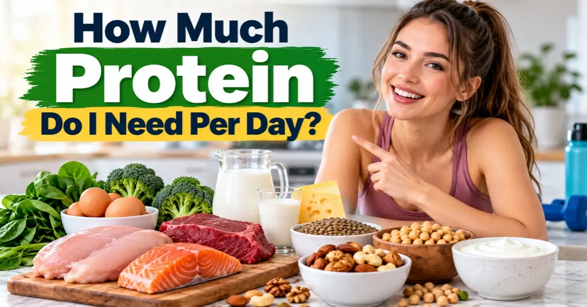 Woman pointing toward protein-rich foods including eggs, chicken, salmon, lentils, nuts, and yogurt